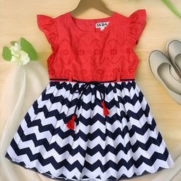 Bella Moda Cotton Cap Sleeves Schiffli Embroidered & Chevron Printed Dress - Red-image-93