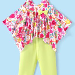 Babyhug Single Jersey Knit Sleeveless Top & Leggings Set with Fruits Print & Bow Applique - Light Green & White-image-9
