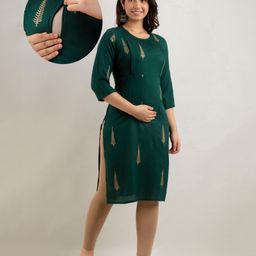 Step Queen Rayon Three Fourth Sleeves Leaves Foil Printed Maternity Kurta With Nursing Access - Green-image-87