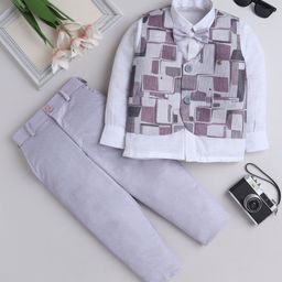 Fourfolds Full Sleeves Solid Shirt With Abstract Printed Waistcoat Trousers & Bow Set - Grey-image-63