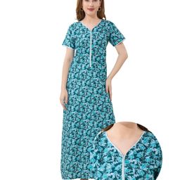 Piu Cotton Woven Half Sleeves Floral Printed Maternity Nighty With Nursing Access - Green-image-19