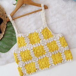 Woonie Cotton Sleeveless Floral Crochet Designed Crop Top - Yellow-6