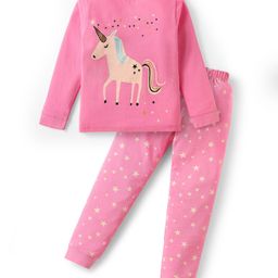 Unicorns Cotton Woven Full Sleeves Stars & Unicorn Printed Coordinating Night Suit Set - Pink-image-97