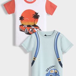 Orange Sugar 100% Cotton Knit Pack Of 2 Half Sleeves Car & Bag Printed Tees - White & Light Blue-picture-38