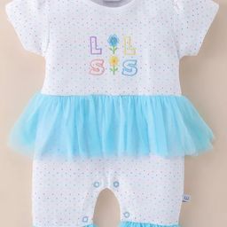 Wonderchild Interlock Half Puffed Sleeves Polka Dots Printed Floral Embroidered Frill Detailed Romper - White & Sky Blue-14