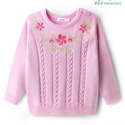 Babyoye 100% Cotton Knit Full Sleeves Pullover Sweater with Floral & Cable Knit Design - Light Pink-picture-13