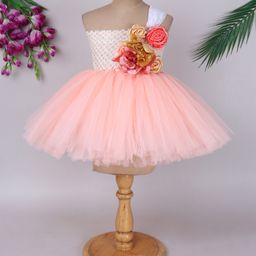 TINY MINY MEE Elastane Woven One Shoulder Sleeves Floral Applique Detailed Dress - Peach-image-31