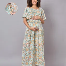 Mine4Nine Rayon Woven Half Sleeves Floral Printed Maternity Dress With Side Zipper Nursing Access - Sky Blue & Yellow-picture-45