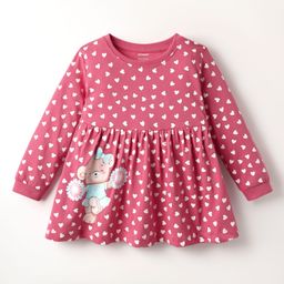 CUCUMBER Interlock Knit Full Sleeves Hearts & Animal Printed Frock - Red-image-32