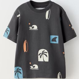 ALAN JONES Cotton Blend Knit Half Drop Shoulder Sleeves Beach Theme Printed Oversized Tee - Charcoal Grey-image-31