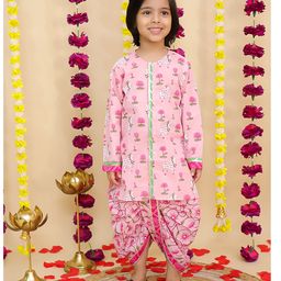 BownBee Pure Cotton Woven Full Sleeves Cows & Lotus Printed Dhoti Kurta Set - Pink-picture-49