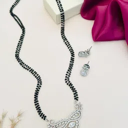 ABDESIGNS Silver-Plated American Diamond Studded & Beaded Mangalsutra With Earrings-48