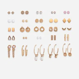 ToniQ Set Of 25 Gold Plated Artificial Stones Studded Geometric Studs-picture-10