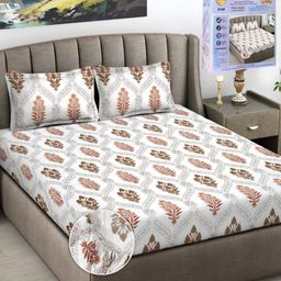 FABINALIV White & Brown Floral 300 TC King Bedsheet with 2 Pillow Covers-image-40