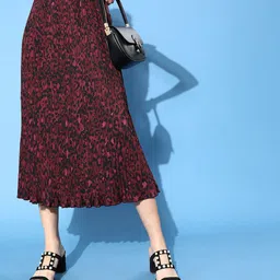 KASSUALLY Women Deep Burgundy Animal Printed Pleated Form A-line Skirt-picture-32