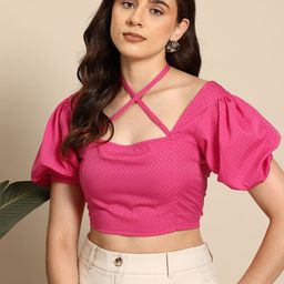 Mast & Harbour Square Neck Puff Sleeve Smocked Crop Top-50