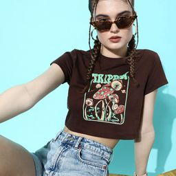 DressBerry Chocolate Brown Printed Pure Cotton Hollaback Neck It Is Crop T-shirt-picture-20