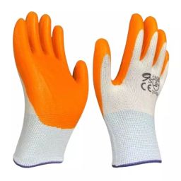 Swavind Safety Hand Gloves Durable Synthetic Fabric Latex & Nitrile Coated Palm with Abrasion Resistance Orange & White Free Size (Pack of 12 Pair)-picture-23