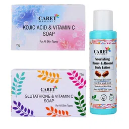 CARET ORGANIC Set Of 3 Kojic Acid Soap With Glutathione Soap & Almond Body Lotion Combo-46
