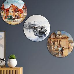 THE QUIRKY HOME 3Pcs White & Blue Printed Ceramic Premium Decorative Wall Decors-image-32