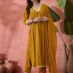 Sangria Mustard Yoke Design Sequinned V-Neck A-Line Kurta With Trousers And Dupatta image 5