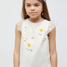 One Friday Girls Typography Printed Flutter Sleeve Applique Detail Top-picture-15