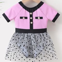 Kookie Kids Half Sleeves Frock Swimsuit Dots Print - Pink-image-82