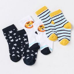 Cute Walk By Babyhug Non Terry Cotton Knit Ankle Length Anti Bacterial Socks Stripes & Stars Design Pack of 3 - Blue White & Yellow-image-56