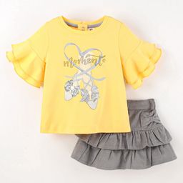ToffyHouse Half Sleeves Top and Skirt Set Heart & Text Print - Yellow & Grey-picture-8