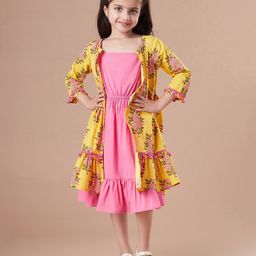 Pspeaches Three Fourth Sleeves Floral Printed Pom Pom Detailed Boota Cape Dress With Inner - Yellow-image-57