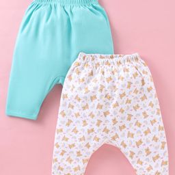 Ben Benny Cotton Knit Full Length Solid & Bear Printed Diaper Pants Pack of 2 - White & Blue-image-19
