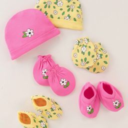 Doodle Poodle 100% Cotton Floral Print Cap Mittens & Booties Set of 2 Yellow & Pink - Diameter 10.5 cm-image-27