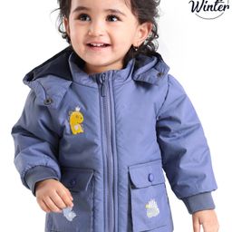 Babyoye Solid Full Sleeves Hooded Jacket with Dino Embroidered - Blue-image-68