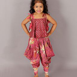 Lil Drama Shoulder Tie Up Sleeves Foil Printed Top With Floral Printed Dhoti - Brick Red-image-60