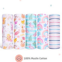 Zoe 100% Cotton Muslin Multipurpose Swaddle Wrap Pack of 5 Flamingo Print- Multicolour-picture-12