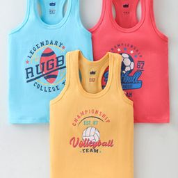 Simply Interlock Sleeveless Set Of Vest With Ball Print Pack Of 3 -Sky Blue Yellow & Red-65