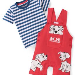 Babyhug Disney Cotton Single Jersey Knit Dungaree With Half Sleeves Tee And 101 Dalmatians Graphics - Blue & Red-image-3