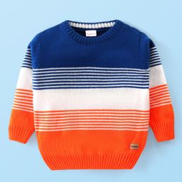 Babyhug Knitted Full Sleeves Pullover Sweater with Stripes & Colour Block Design - Blue White & Orange-image-64