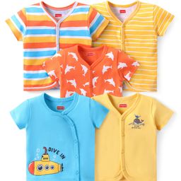 Babyhug 100% Cotton Knit Antibacterial Vest with Dolphin & Striped Print Pack of 5 - Multicolour-image-12