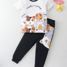 BLUSHES Sinker Knit Half Sleeves Hamsters Printed Night Suit - White & Black-image-76