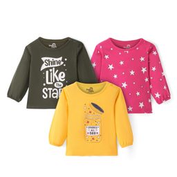 Doodle Poodle 100% Cotton Full Sleeves T-Shirt with Text & Star Print Pack of 3 - Yellow Pink & Green-image-29