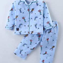 Enfance Core Cotton Woven Full Sleeves Golf Playing Man Printed Night Suit - Sky Blue-picture-24