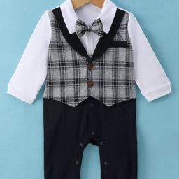 Mark & Mia Full Sleeves Romper with Attached CheckeredWaist Coat & Bow - White& Black-image-43