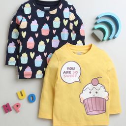 BUMZEE Cotton Pack Of 2 Full Sleeves Cup Cake Printed Tees - Yellow & Navy Blue-picture-21