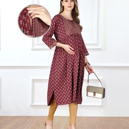 Bella Mama Woven Three Fourth Sleeves Maternity Kurta with Embroidered Neck Pocket & Nursing Access Floral Printed - Maroon-image-110