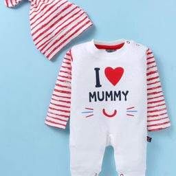 Mini Taurus Interlock Knit Full Sleeves Romper with Text Print & Cap - Red-image-65