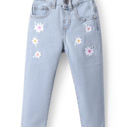 Babyhug Denim Full Length Washed Jeans With Stretch & Floral Embroidery - Light Blue-image-88