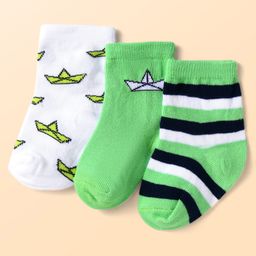 Cute Walk by Babyhug Knit Ankle Length Antibacterial Socks with Paper Boat Design & Stripes Pack of 3 - White & Green-image-42