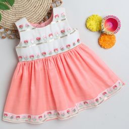 Many frocks & Sleeveless Floral Embroidered Sequin Embellished Ethnic Dress - Off White & Pink-image-13