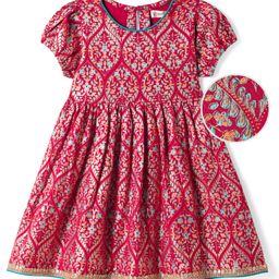 EARTHY TOUCH Single Jersey Knit Half Sleeves Ethnic Dress With Foil Print - Red-image-98